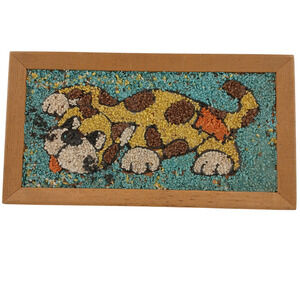 VTG PebbleArt Cat Wall Hanging Mid Century Gravel Mosaic Wood Framed Decor 13x7"